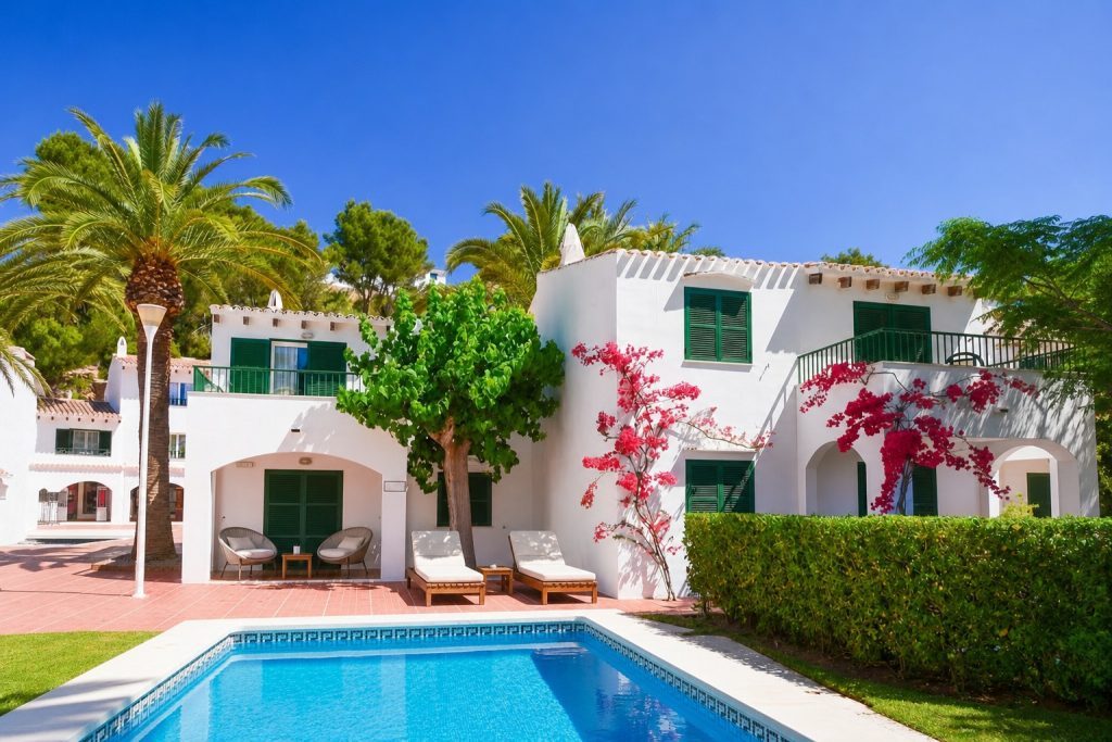 Spanish house with swimming pool and sun loungers.